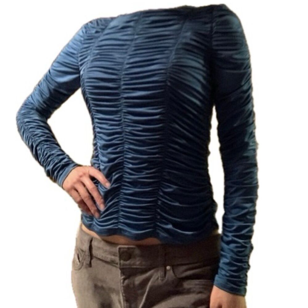 NWOT La Rambla Women's Evening All Over Ruched Silky Long Sleeve Fitted Top L